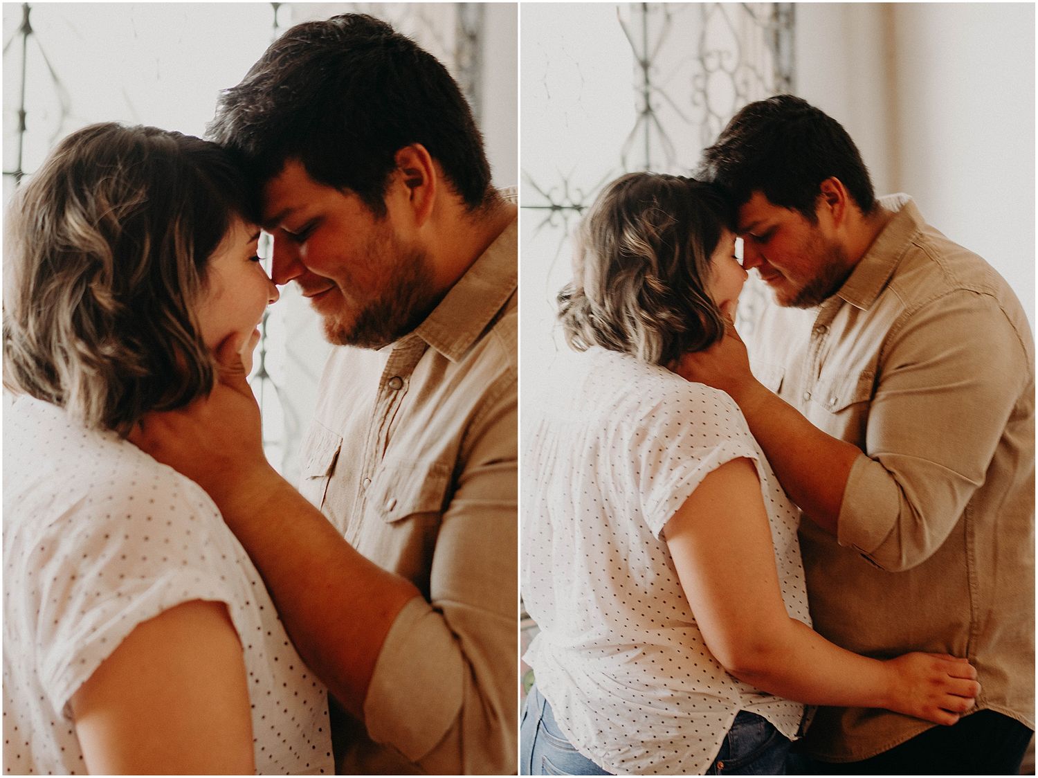 A tender moment between two people in a record store with white walls.