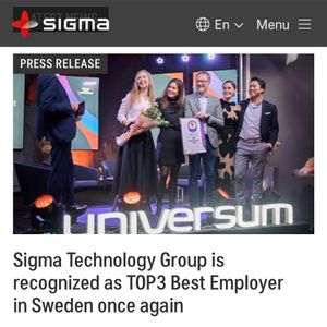 Group celebrating at Sigma Technology Group's recognition as a top employer in Sweden.