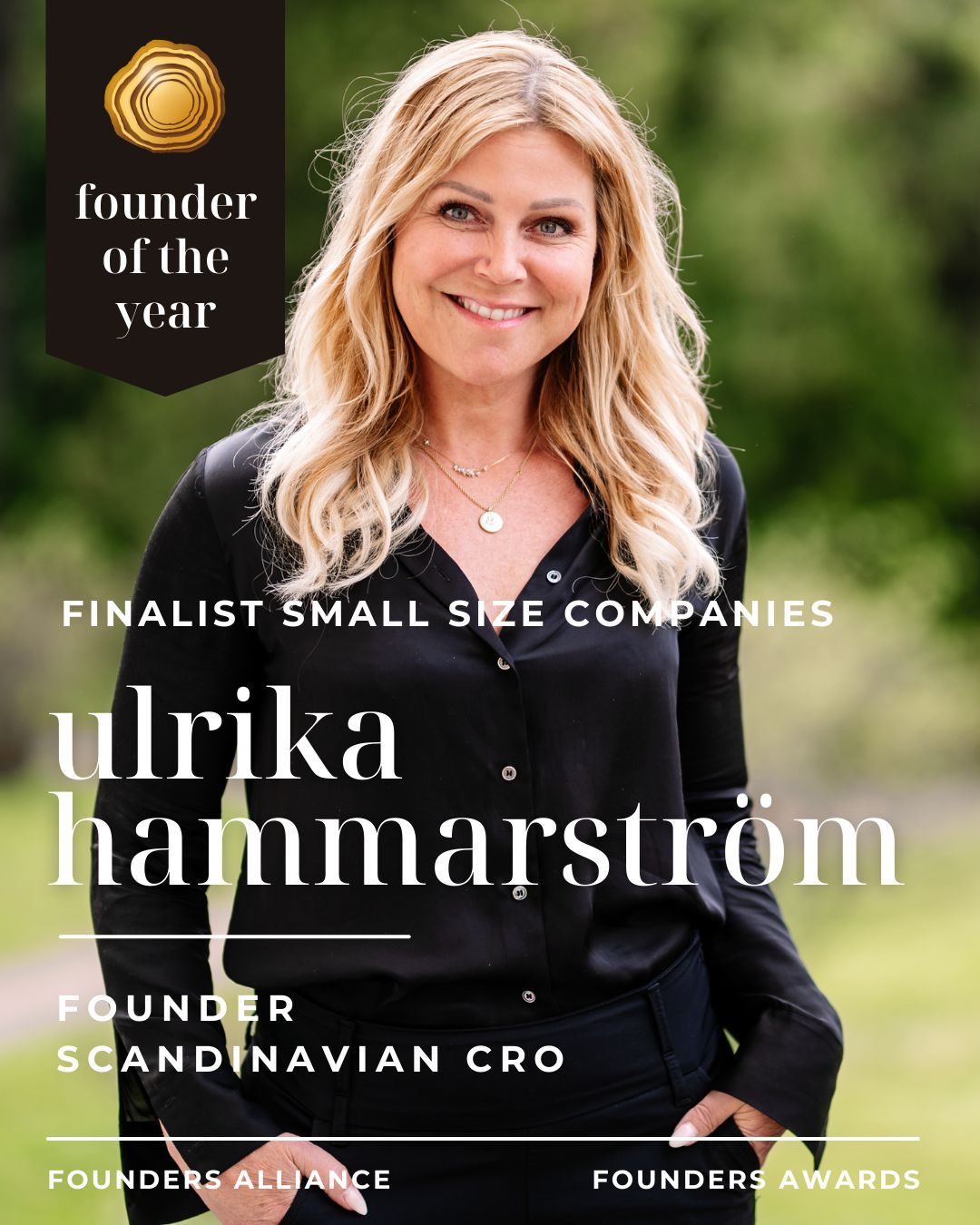 Business portrait for Founder of the Year award finalist against natural background.