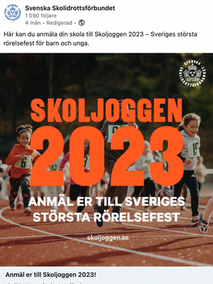 Advertisement for Skoljoggen 2023 featuring children running on a track with orange text overlay.