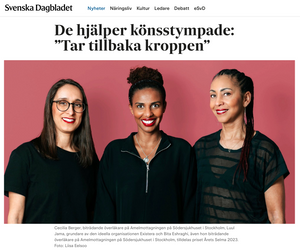News article featuring three professionals in black attire against red background.