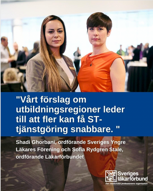 Two healthcare professionals in professional attire stand together at a medical conference with Swedish text overlay.