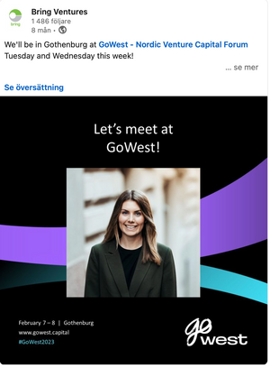 Marketing banner for GoWest Nordic Venture Capital Forum featuring corporate headshot with colorful design elements.