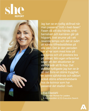 Professional corporate profile photo with Swedish text overlay on golden background.