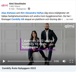 Video thumbnail showing two professionals in Almi Stockholm office setting with purple overlay text.