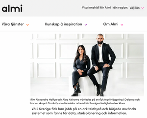 Corporate website header showing two professionals in modern office setting against white background.