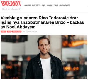 News article headline about Vembla founder Dino Todorovic launching new business.