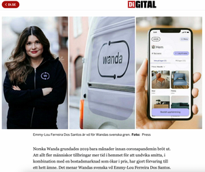 Collage showing Wanda company branding with mobile app interface and delivery van.