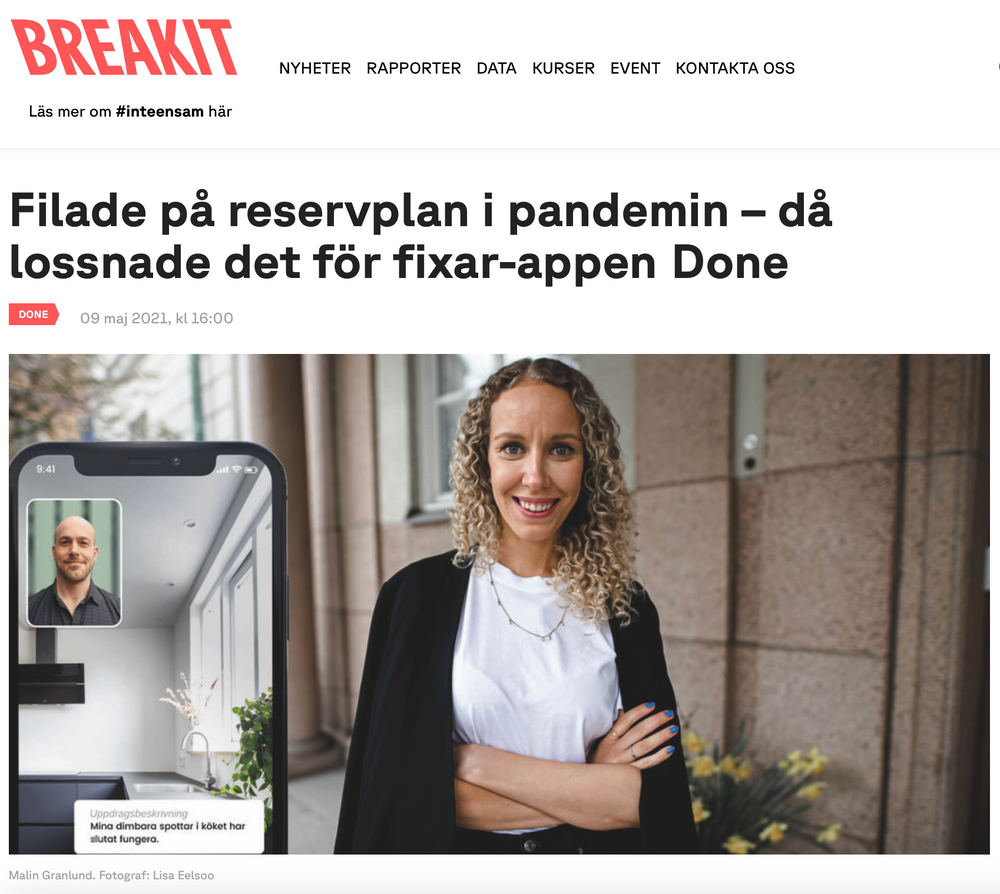 Professional news website header showing article title and navigation menu in Swedish language. Breakit