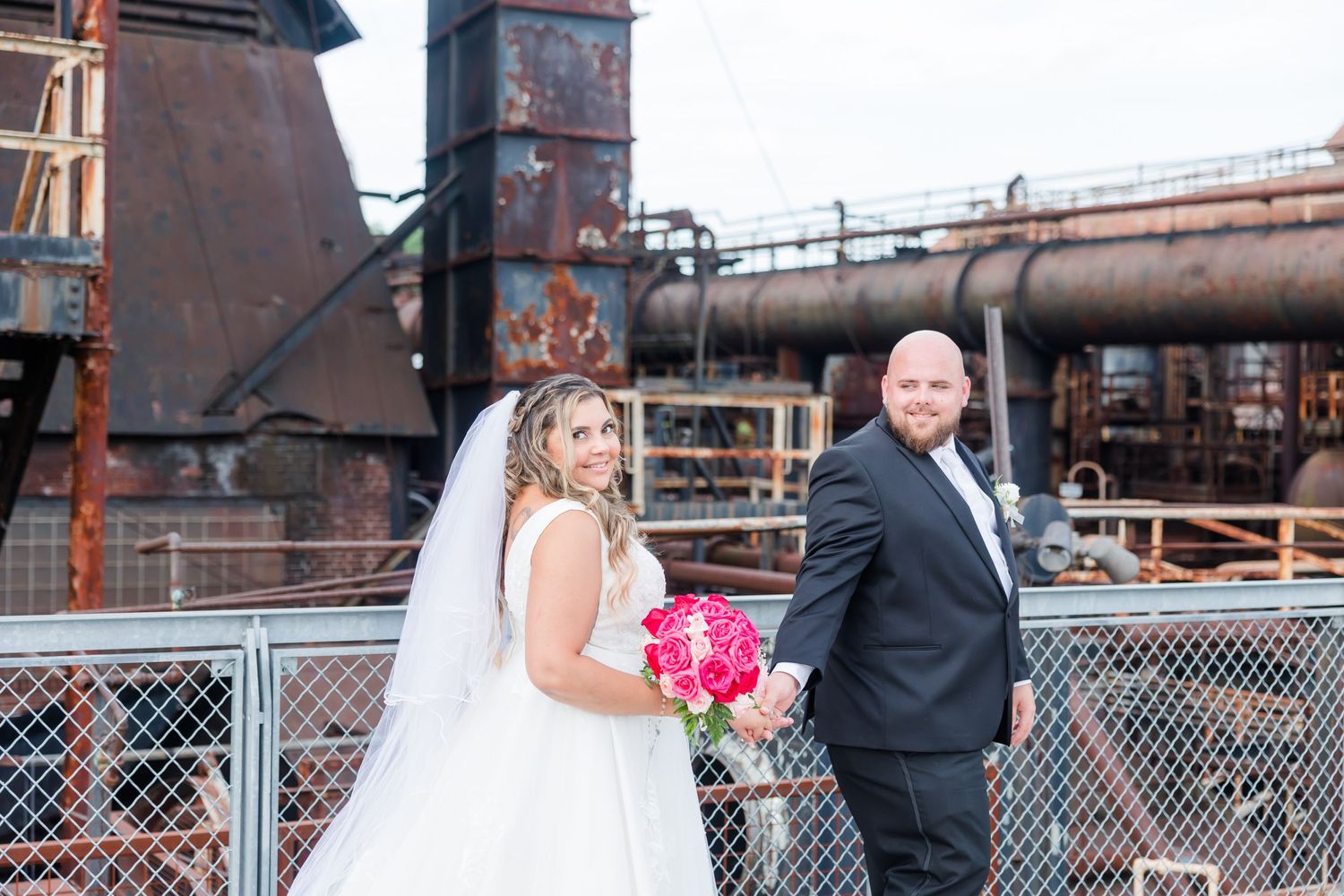 Steel Stacks Wedding Photo of Bride and Groom walking pose