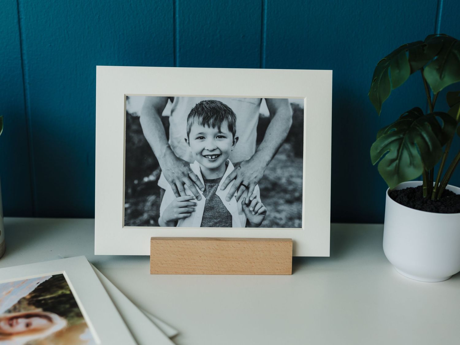 A framed black and white photo displayed on a shelf with a small plant.