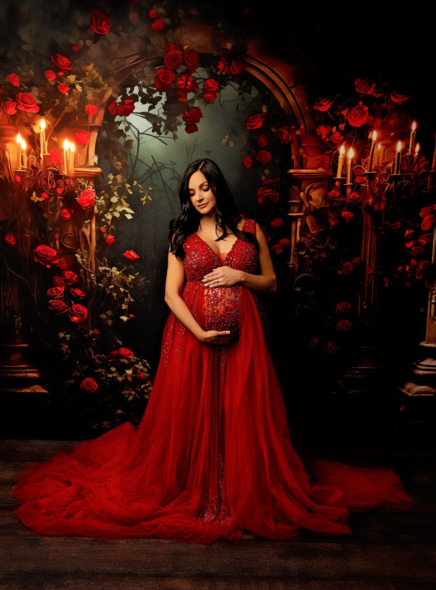 Pregnant woman in elegant red sequin gown surrounded by roses and candles in a dramatic maternity photo.