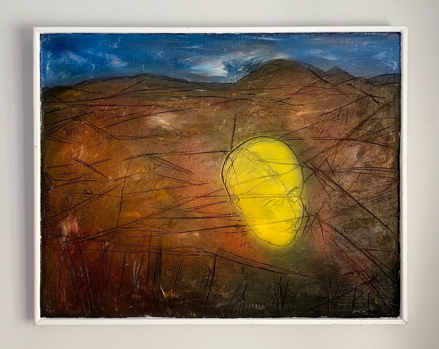 'Ponder' mixed media painting on canvas. Yellow face on a mountain range.