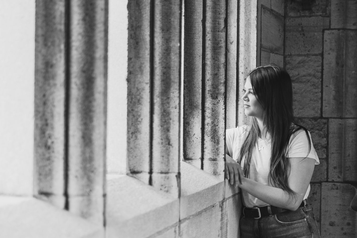 Senior looking away in black and white at Hartwood Acres in Pittsburgh Pennsylvania