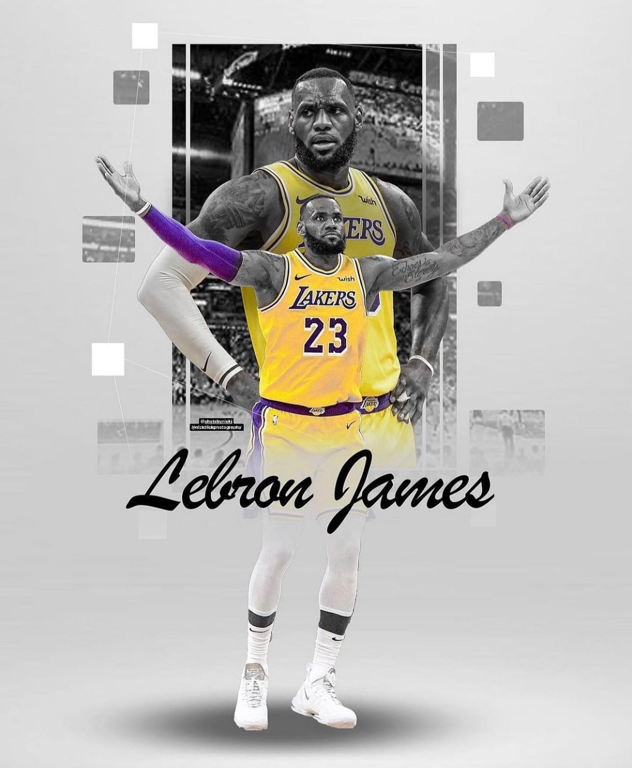 LEBRON in yellow Lakers jersey #23 shown in dynamic action poses.