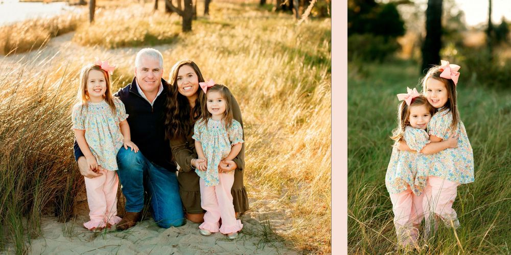 Golden hour family portraits in tall grass field during sunset.