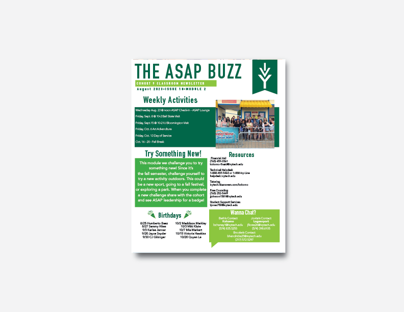 Educational newsletter design with green accents showing program news and updates.