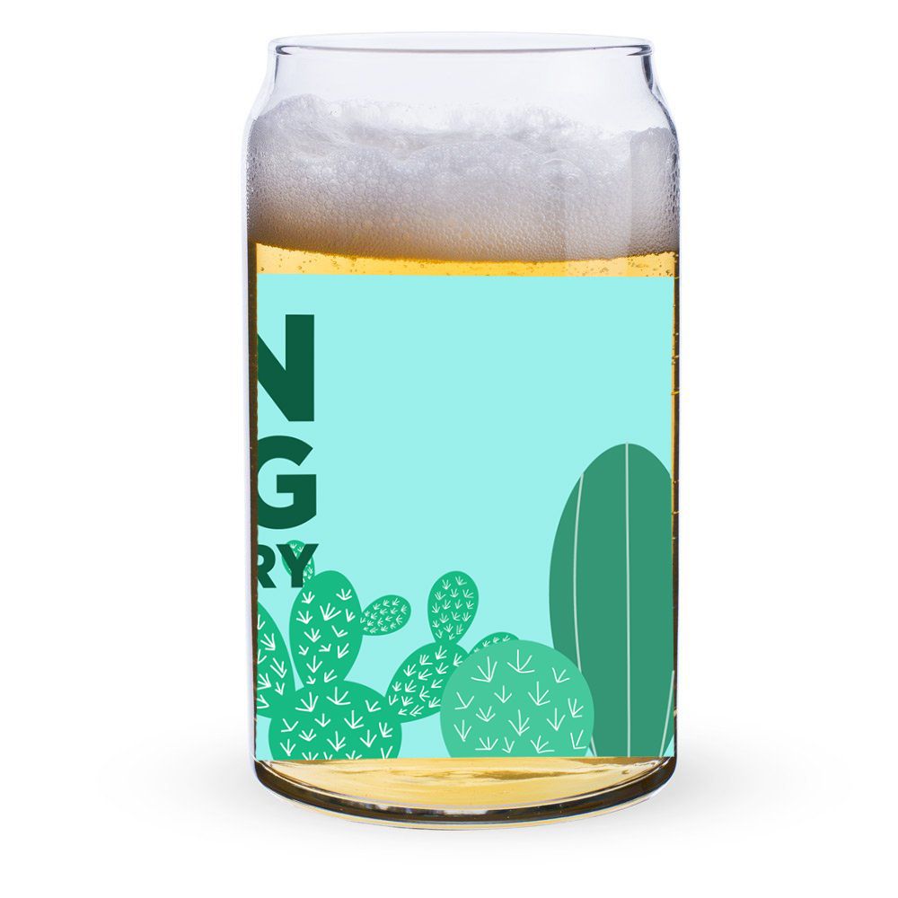 Beer can with desert cactus illustration in turquoise and green colors.