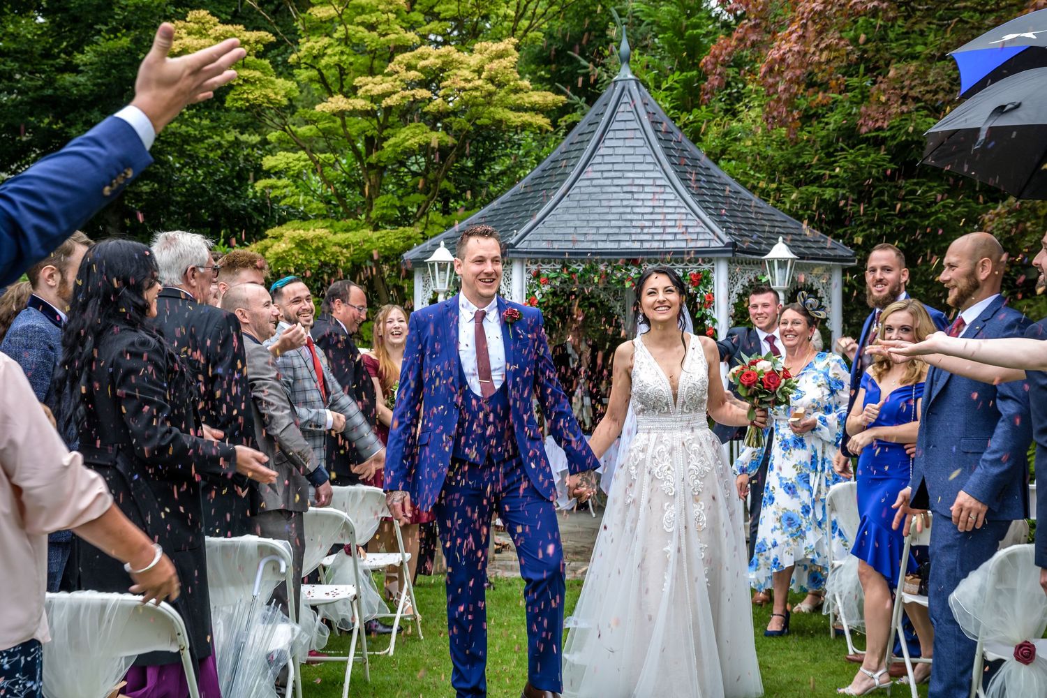 Confetti exit after Outdoor wedding at Broadoaks Country House