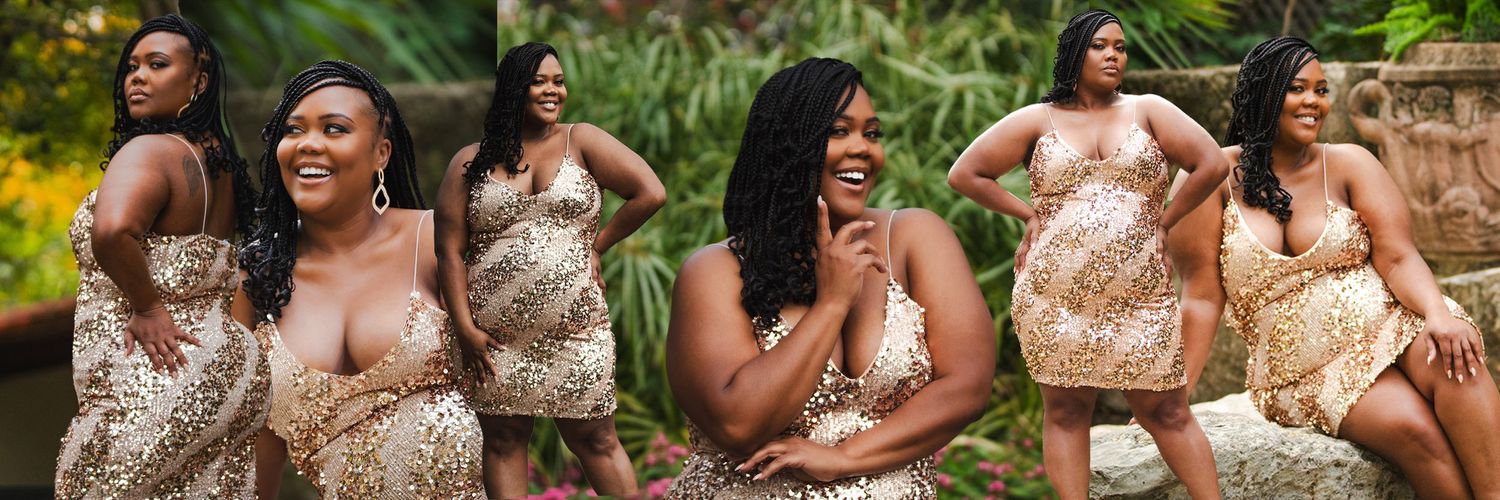 Collaged artwork of a Beautiful woman in a gold sequined dress celebrating her birthday outdoors