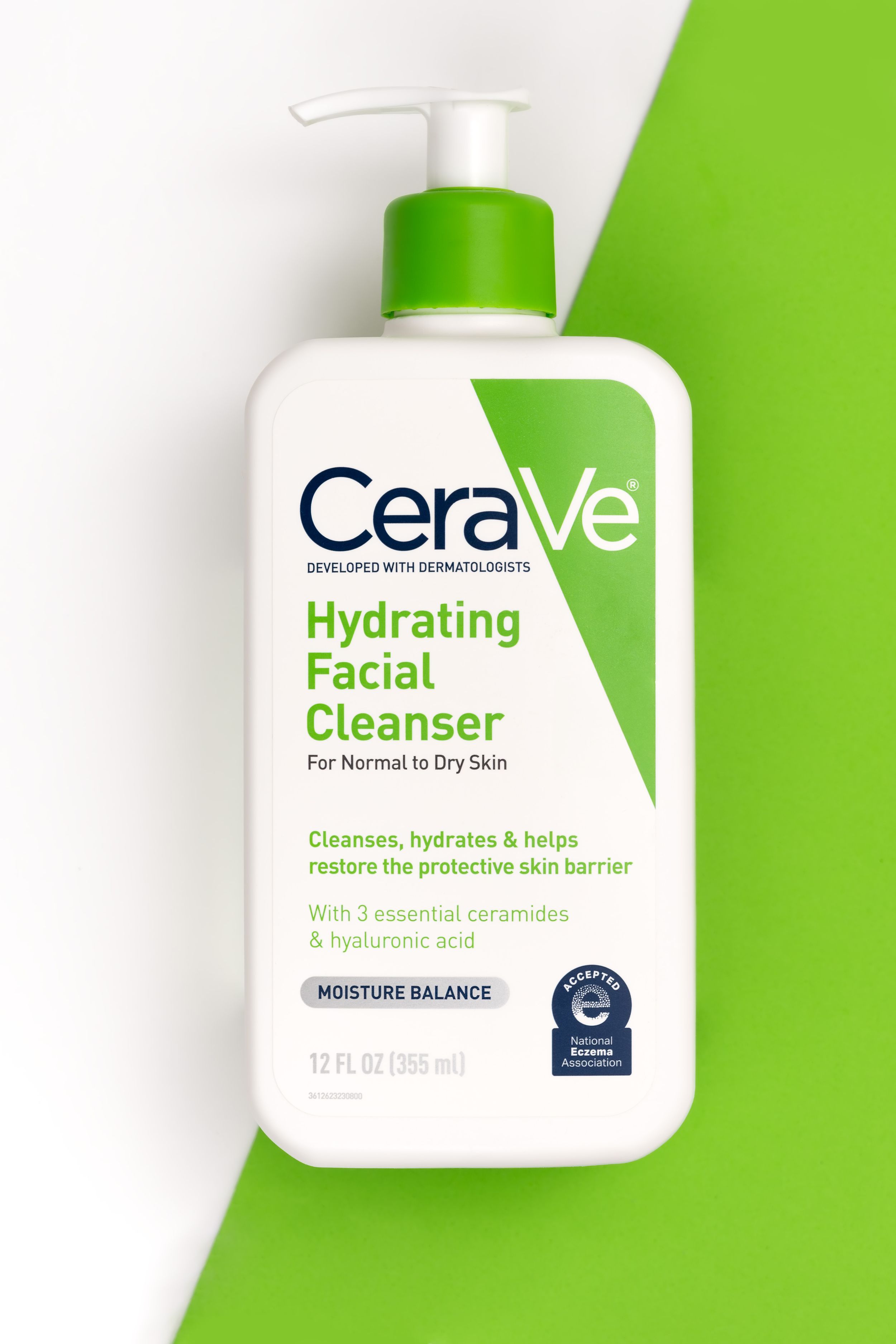 CeraVe hydrating facial cleanser bottle positioned on a green and white background.
