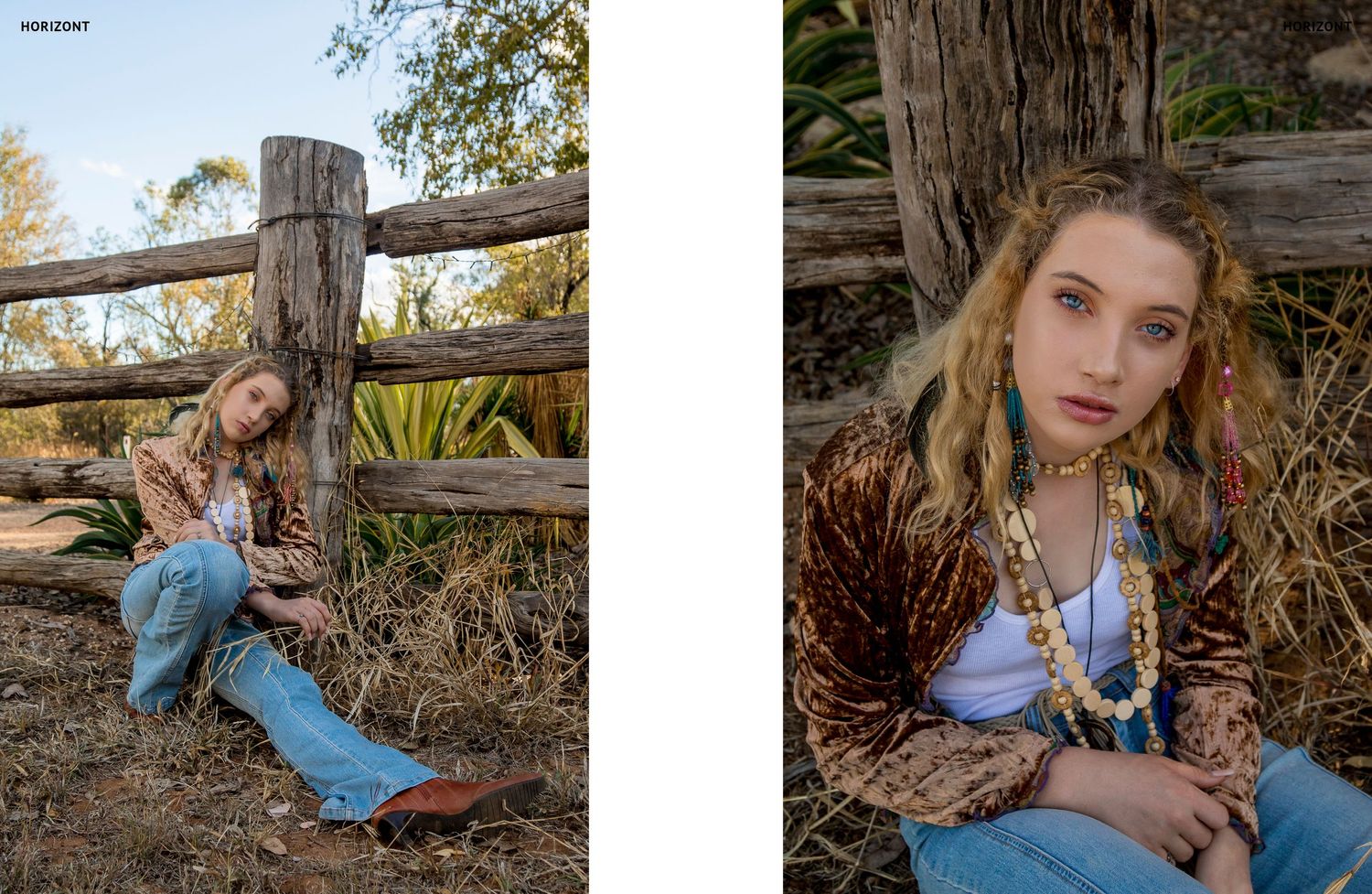 Rustic fashion shoot with denim and white tank top against wooden fence.