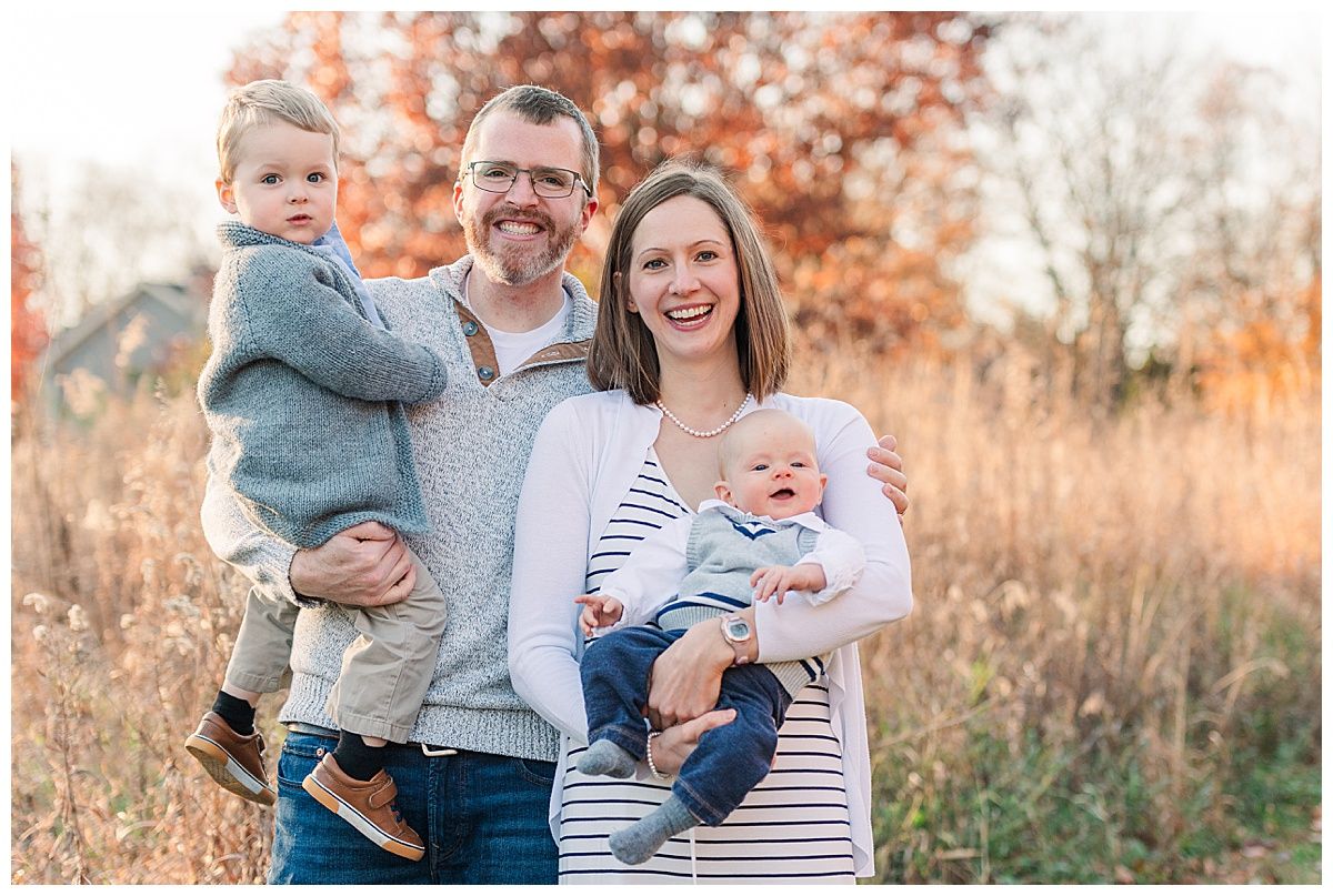 Traditional family portrait during golden hour in Starkey Park Zionsville Indiana by photographer Jayme Riggleman