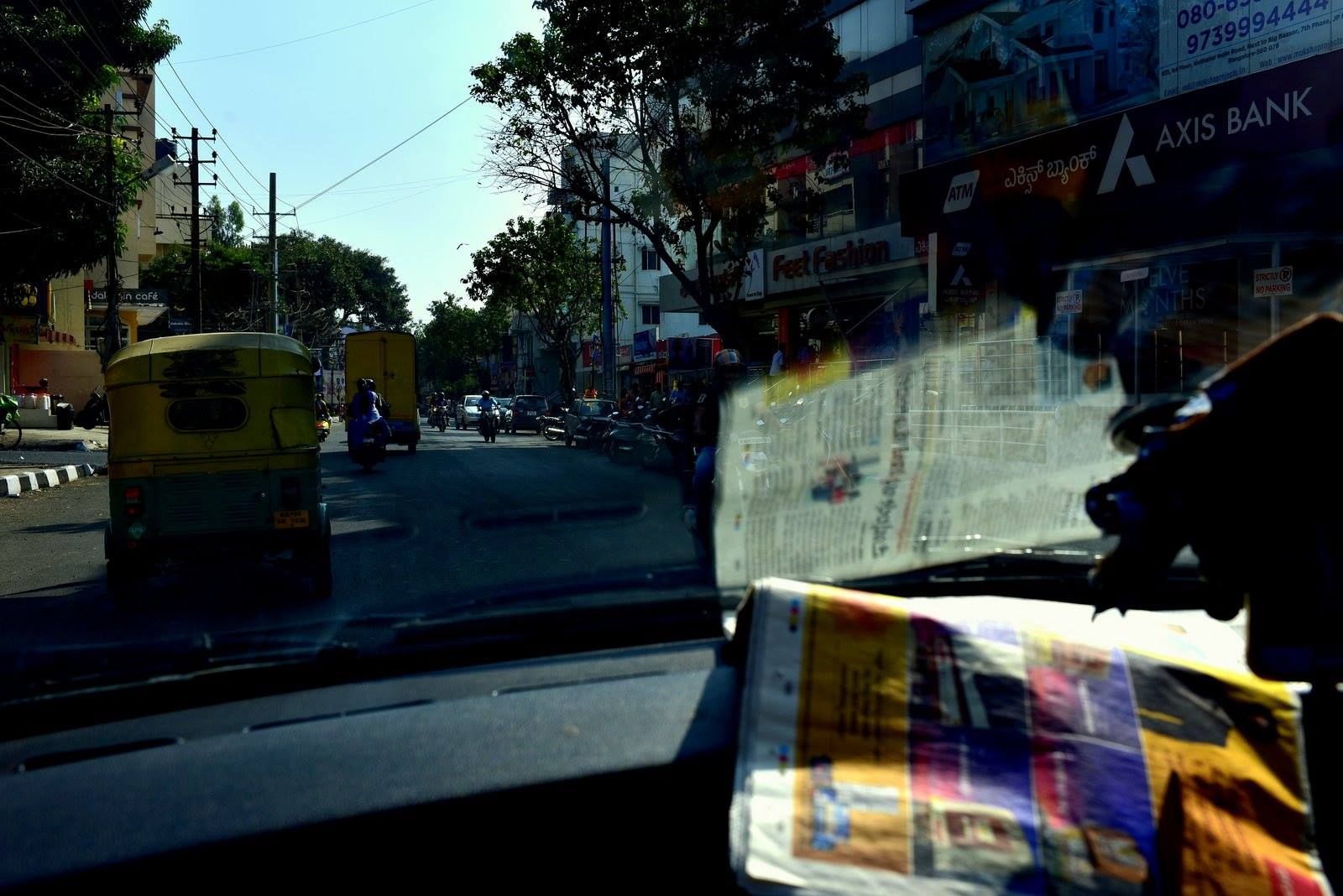 Inside of a taxi in Bangalore, India