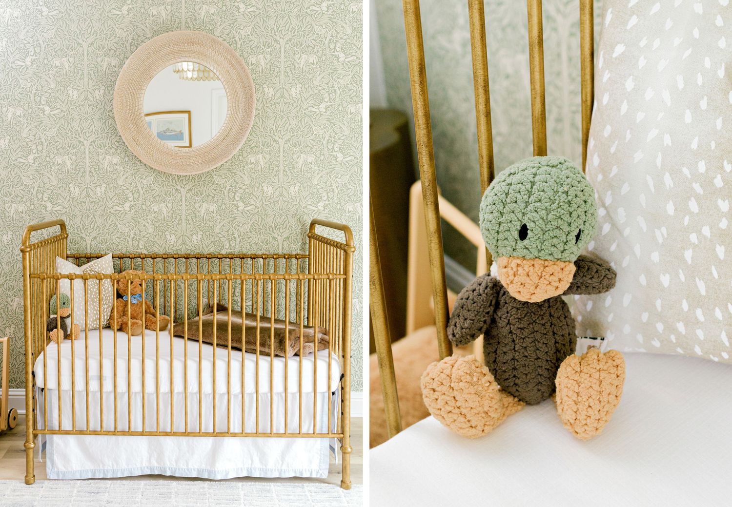 Gold-accented nursery crib and knitted duck toy against sparkly wallpaper.