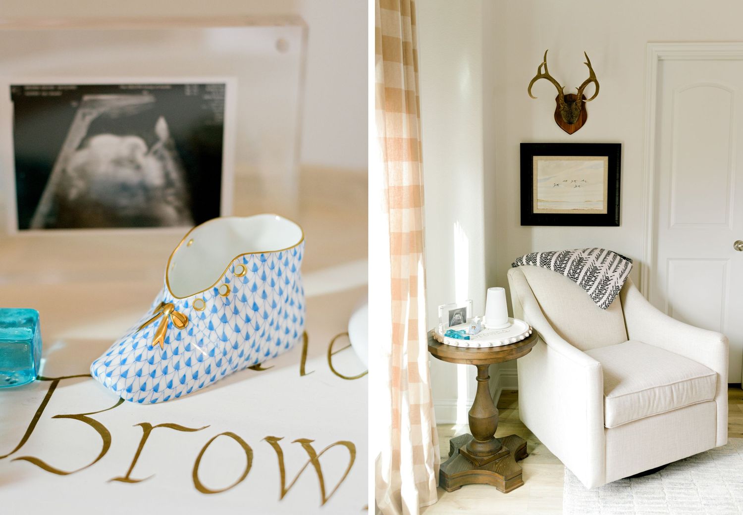 Vintage styled nursery corner with antique side table and white armchair decor.