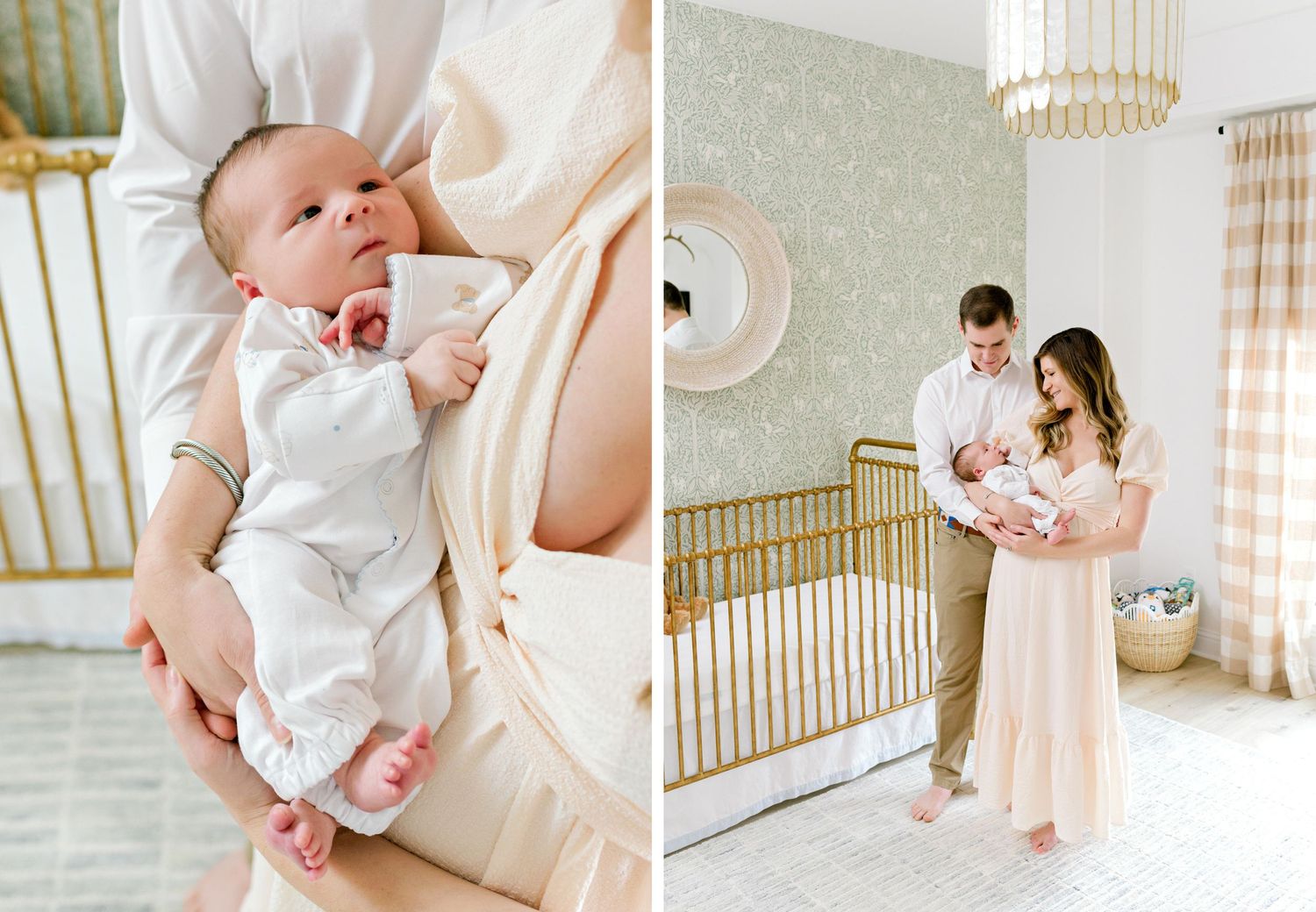 A newborn baby in white clothing being held against a light background in a nursery setting.