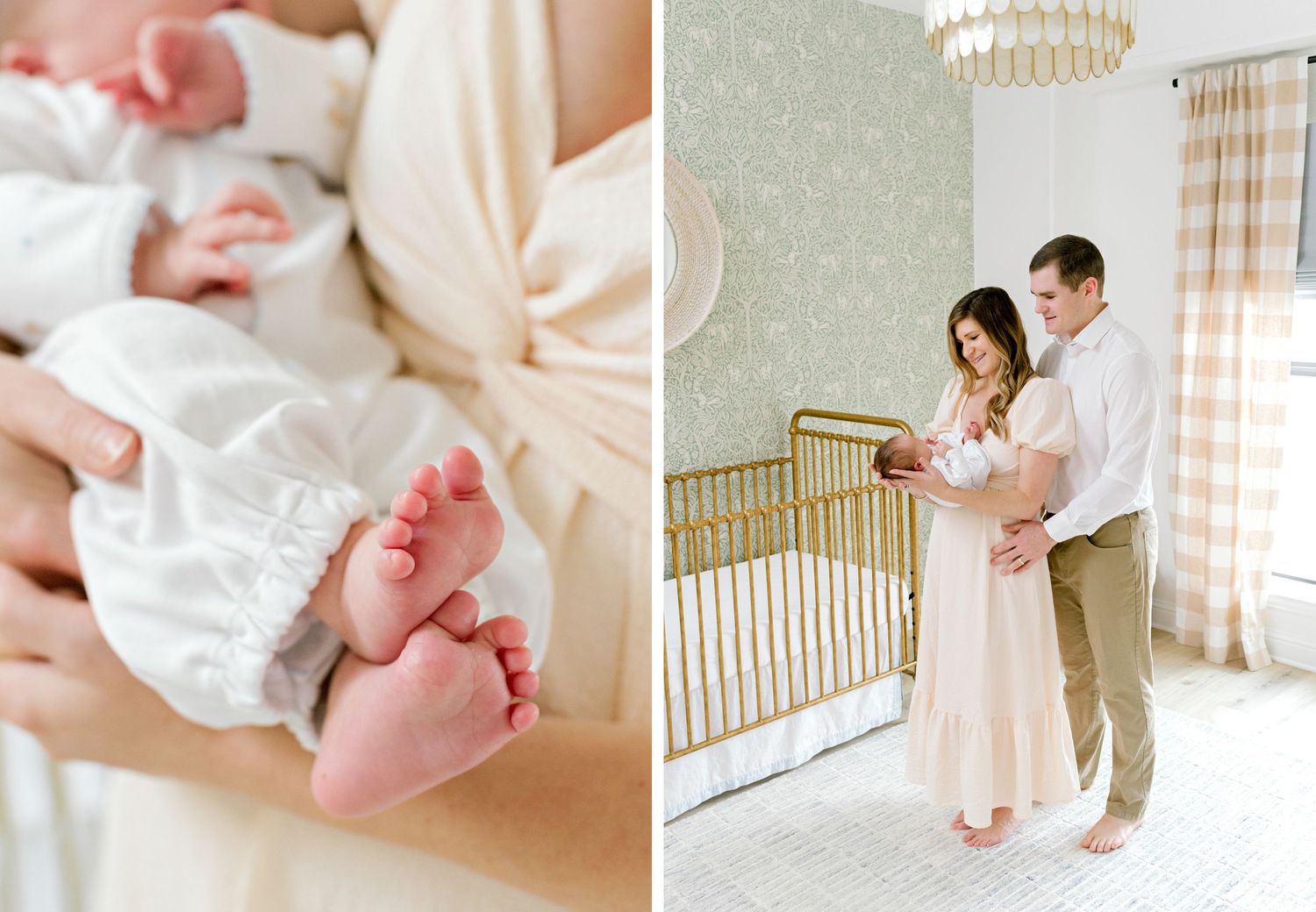 Split image of baby feet in white and parents standing in nursery with their newborn.
