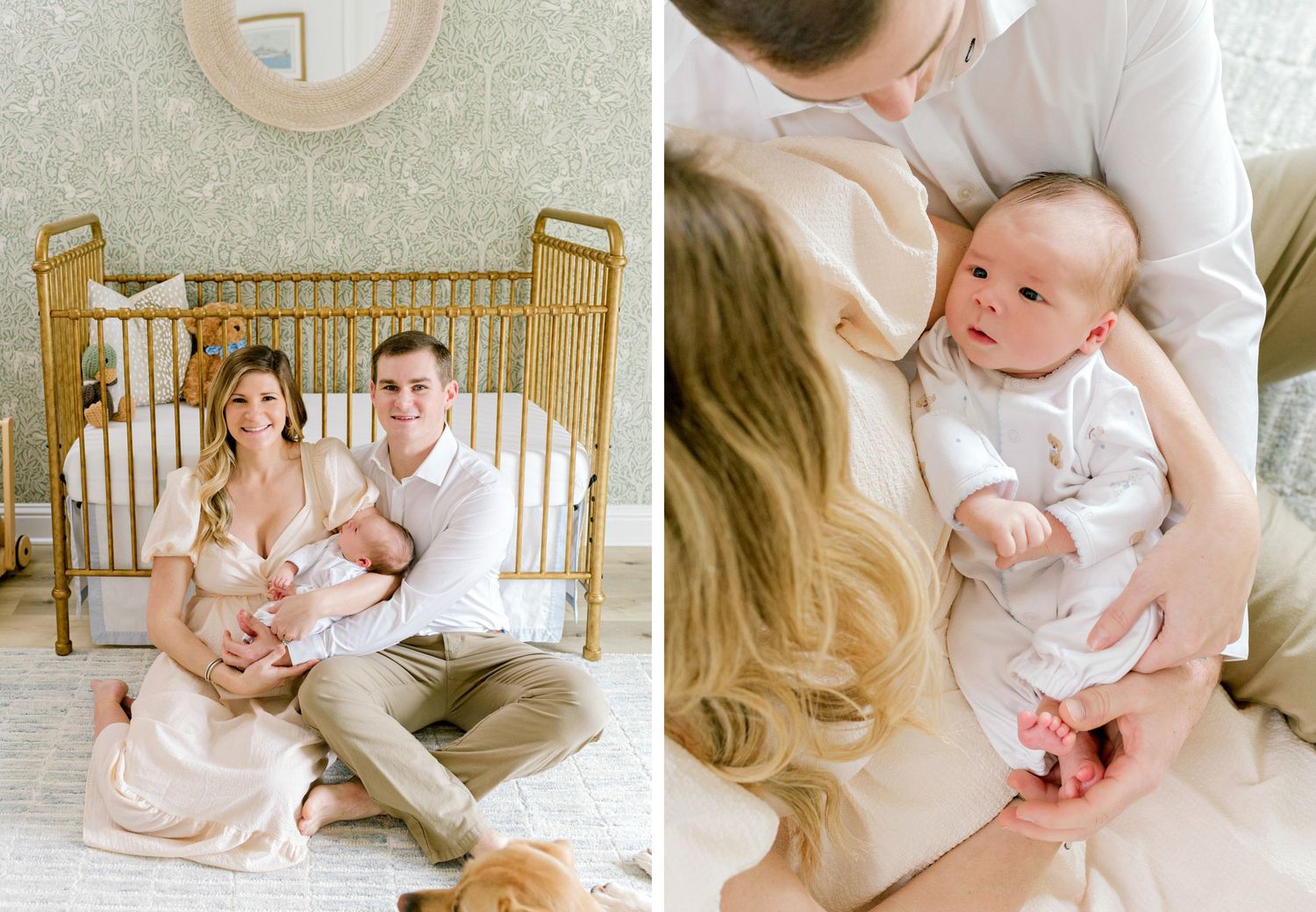 Split image showing family moments with newborn baby in a modern nursery setting.