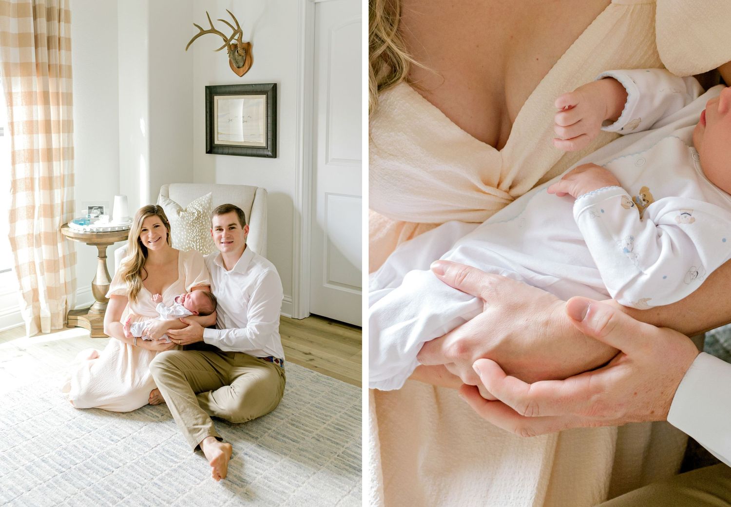 A cozy family portrait in a bright nursery with striped curtains and antler wall decor.
