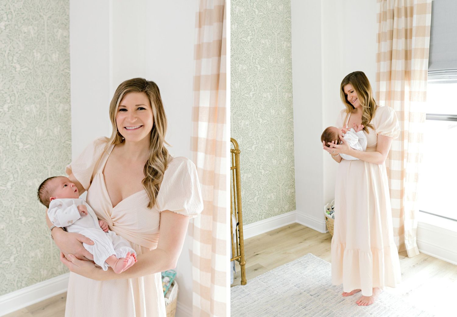 A newborn photoshoot in a bright nursery with blush pink dresses and buffalo check curtains.