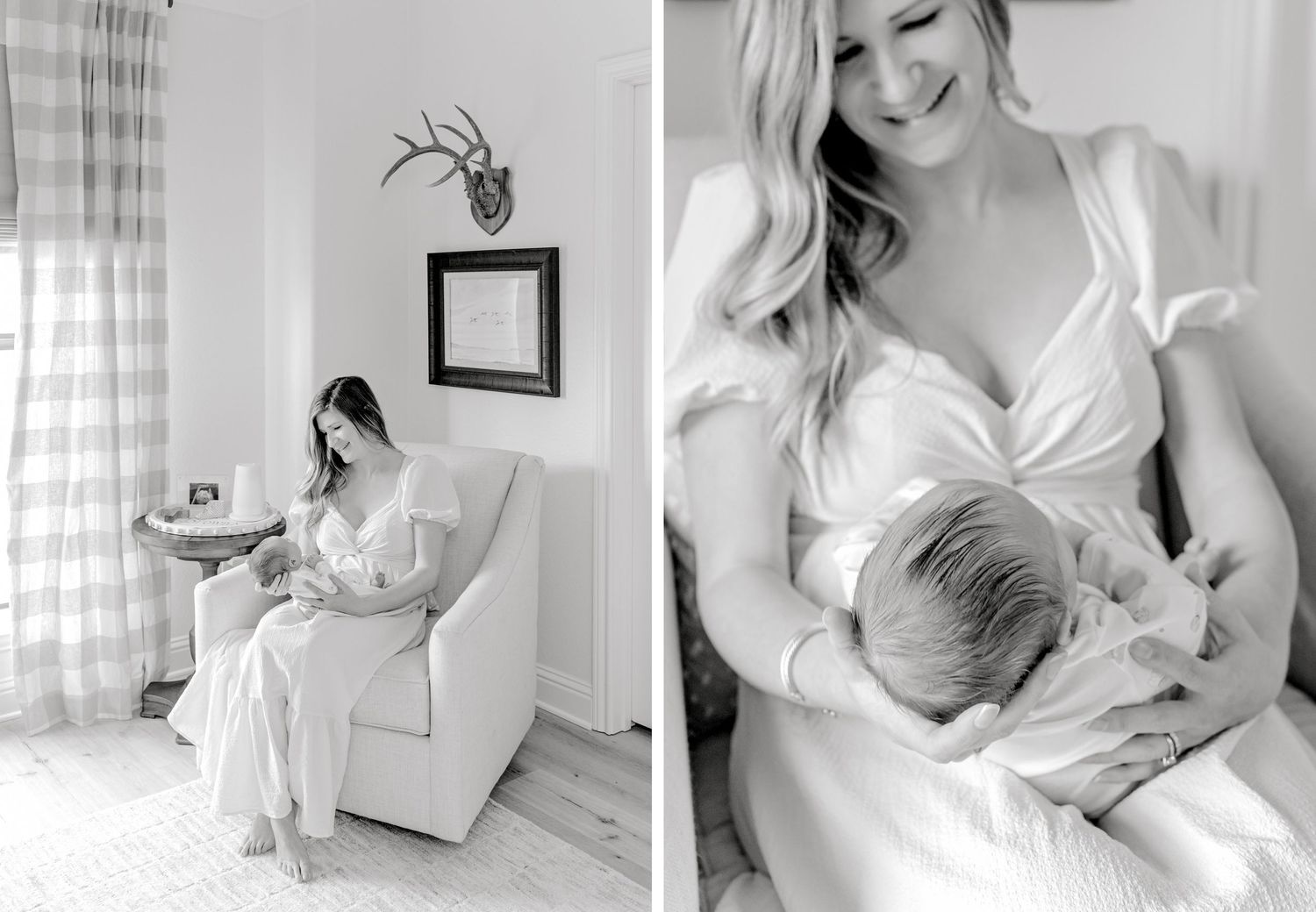Black and white newborn photography session in a minimalist nursery setting.