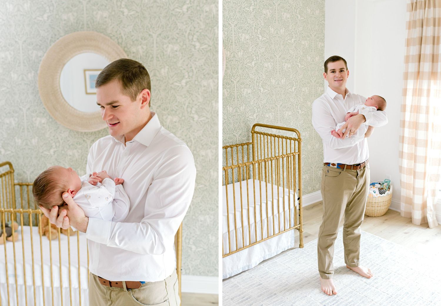 Lifestyle newborn photography in a modern nursery with gold crib and plaid curtains.