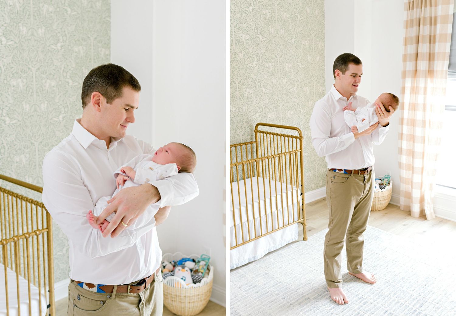 Natural light newborn photography session in front of a gold nursery crib.