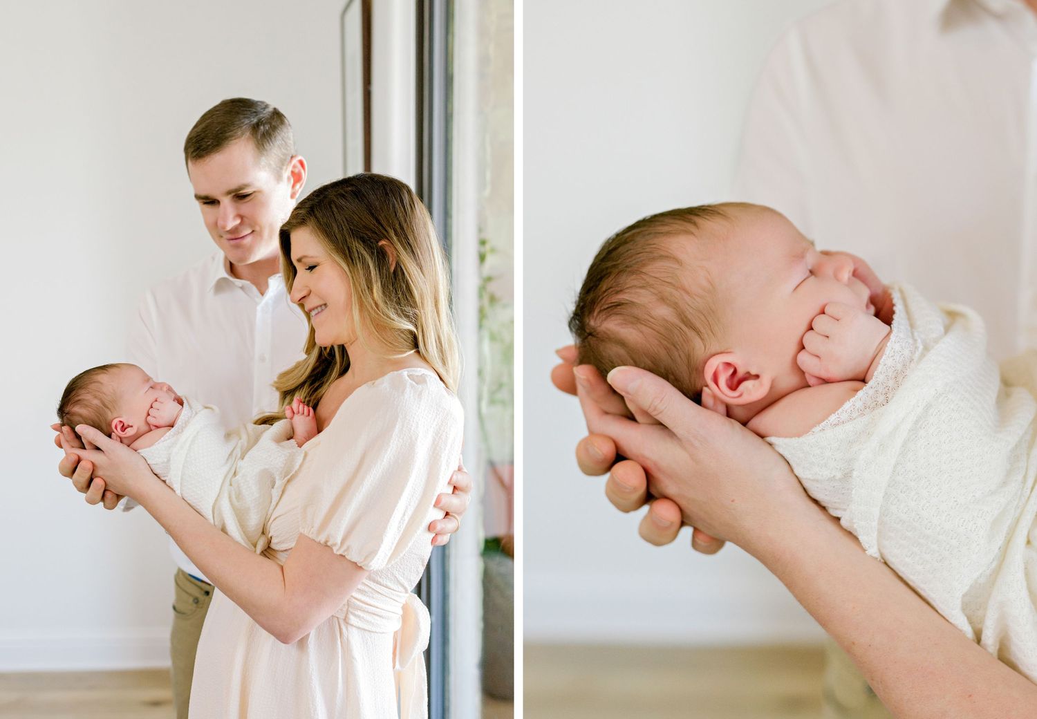 Two heartwarming photos showing parents tenderly cradling their newborn baby in natural lighting.