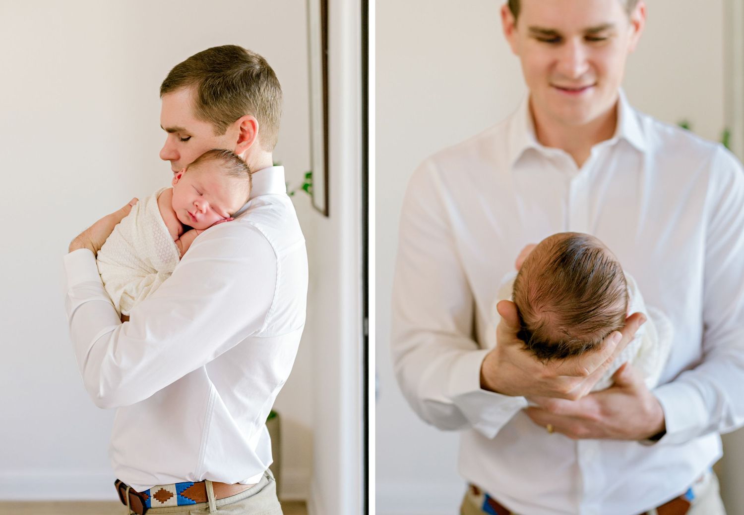 Side by side photos of doting parent holding sleeping newborn baby in white clothing.