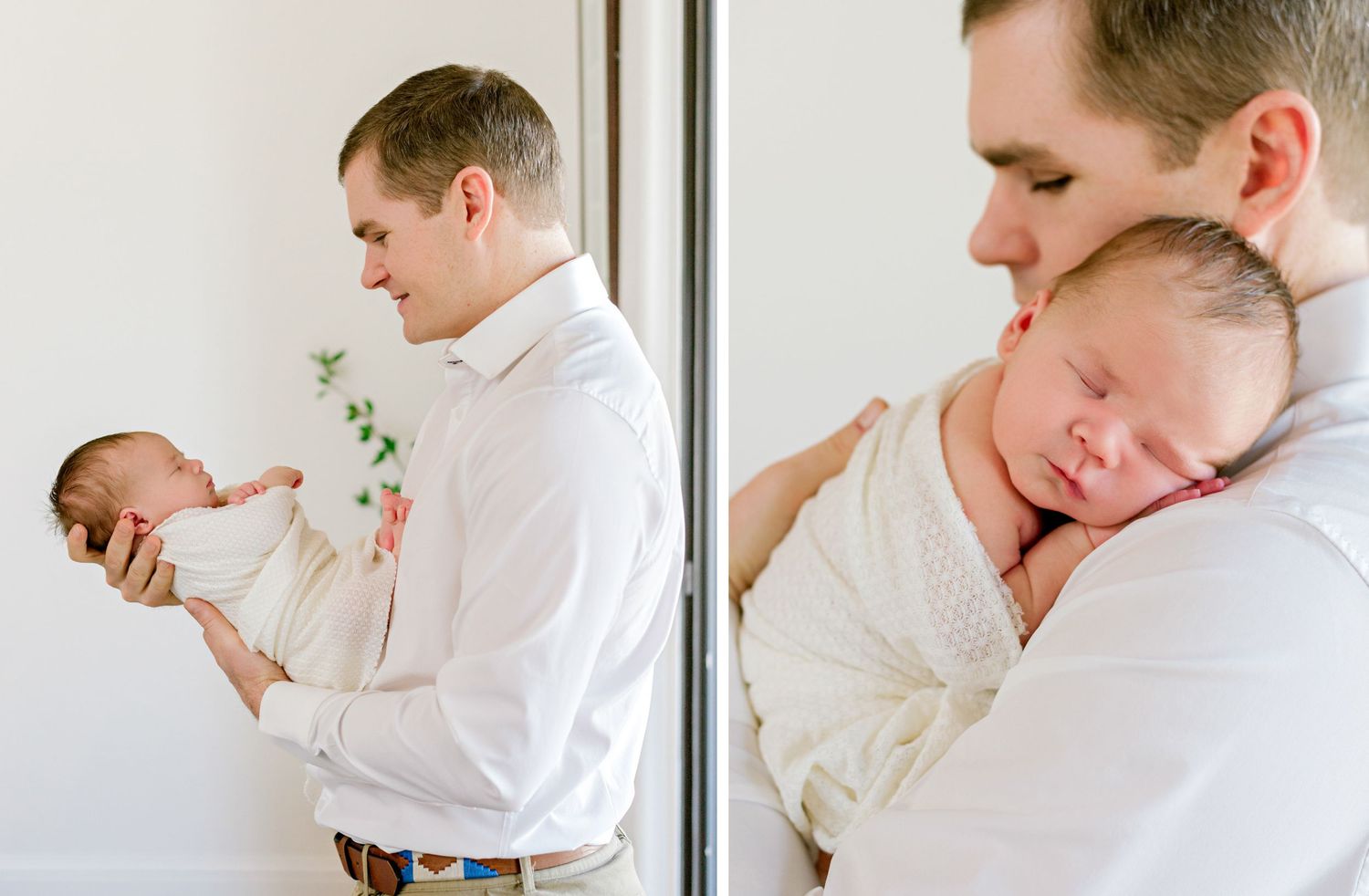 Black and white diptych of parent and sleeping newborn sharing peaceful moments together.
