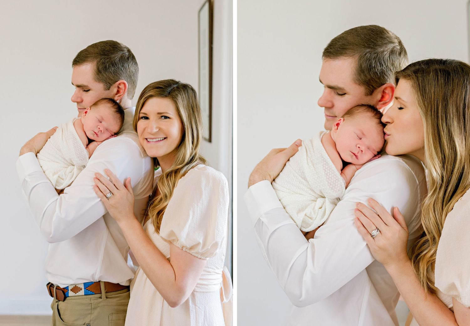 Side by side intimate family portraits with newborn baby in soft natural lighting.