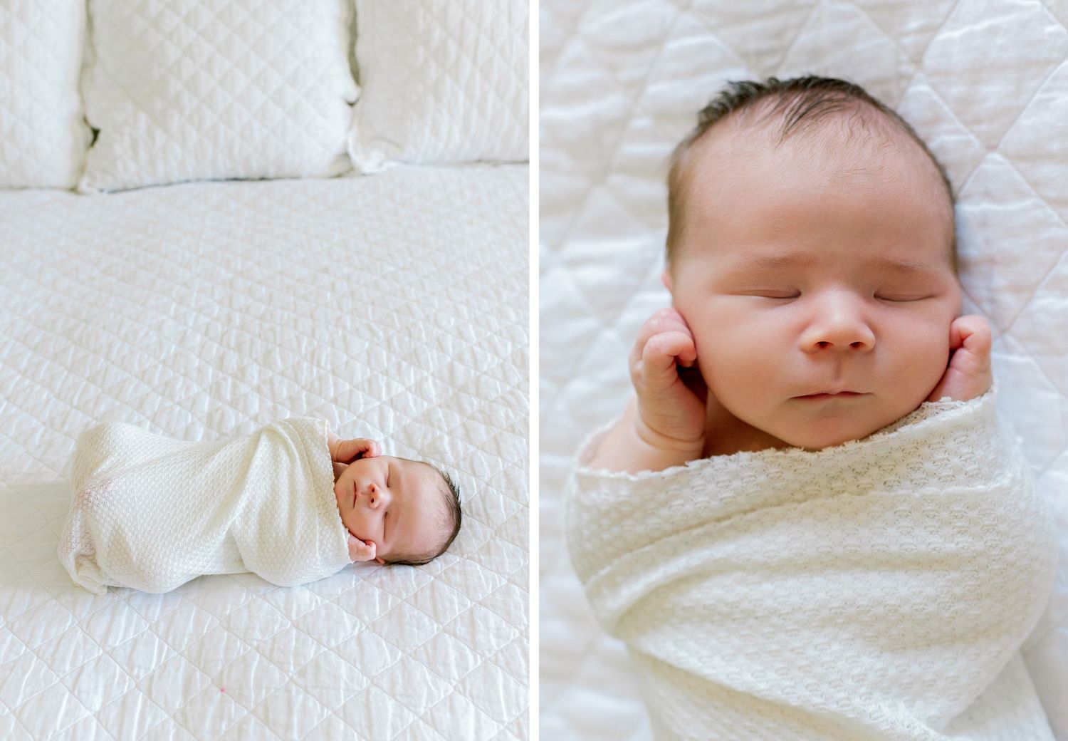 Peaceful sleeping newborn baby wrapped in white swaddle on textured white bedding.