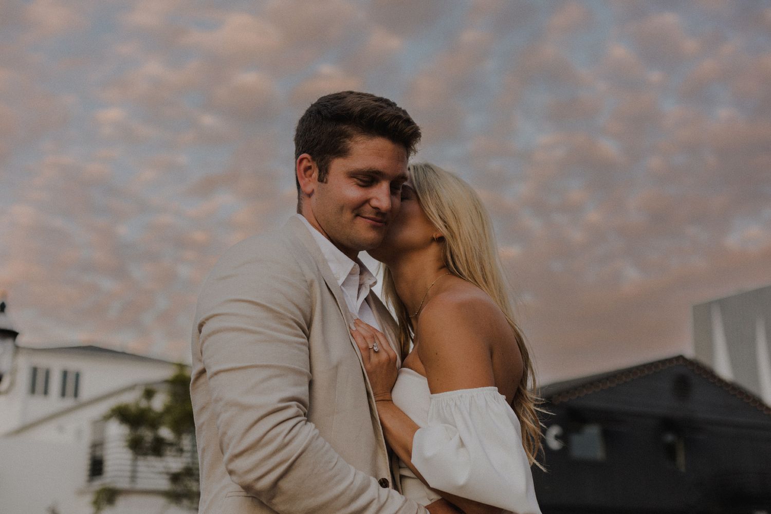 35mm film photo of fun bridal themed engagement shoot in Lido Marina, Newport beach