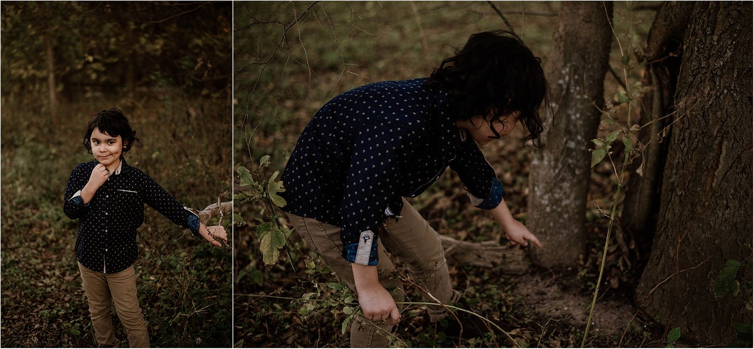 Two moody lifestyle photos in a wooded setting with natural autumn lighting.