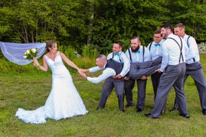 Wedding party poses playfully on grass in a fun domino-style photo sequence.