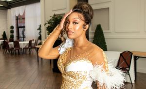 Elegant portraits in gold sequined formal dress against light interior background.