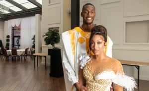 Celebratory poses in sparkly gold formal attire in bright indoor setting.