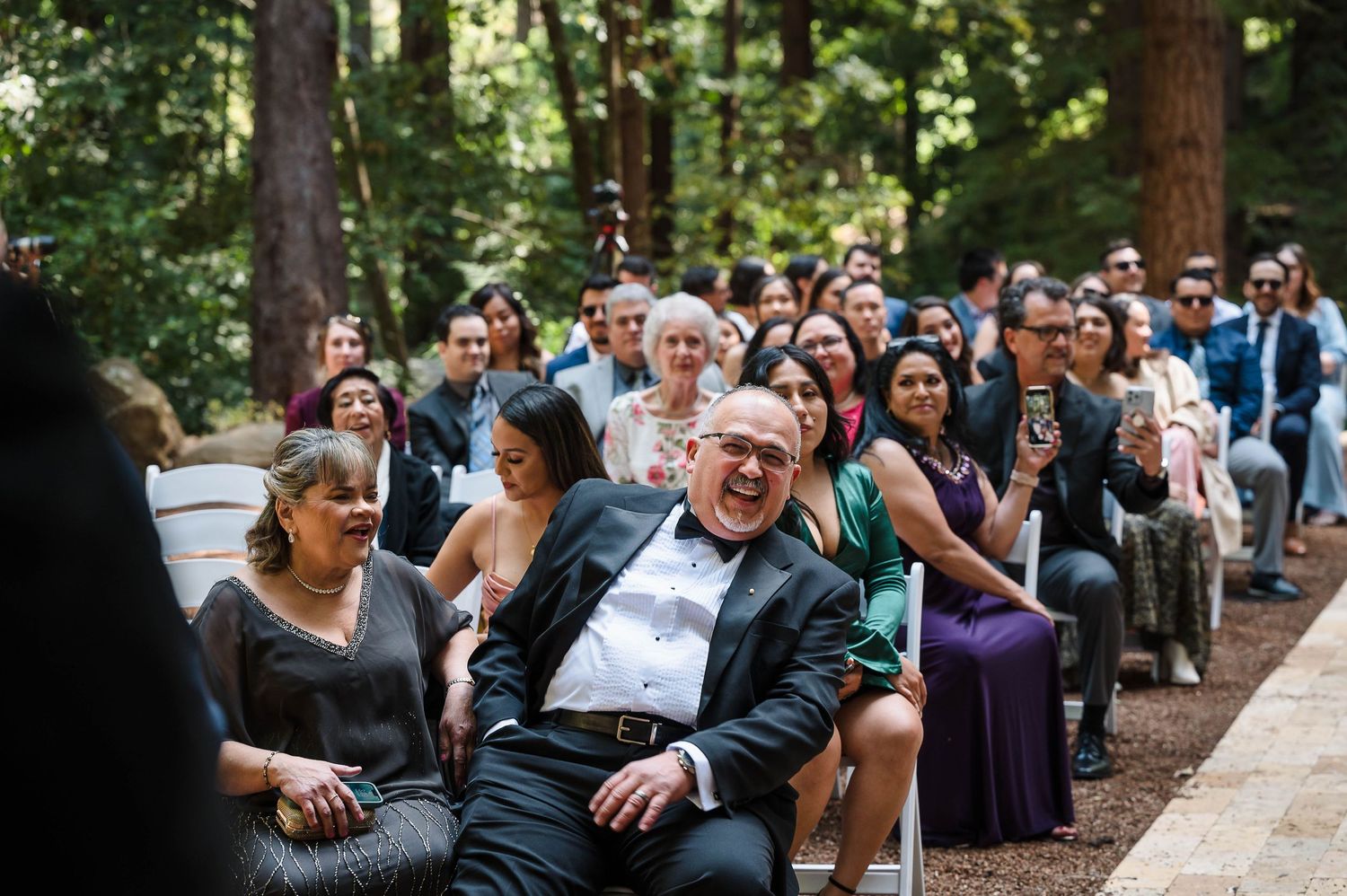 Wedding guests seated in a redwood forest smile and laugh during an outdoor ceremony.