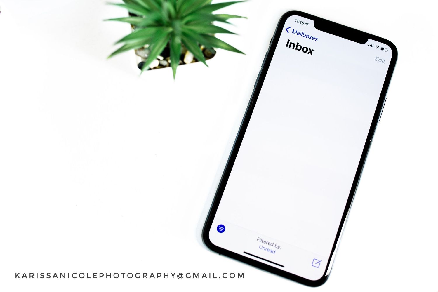 Modern smartphone with empty inbox screen displayed next to a green potted plant on white background.